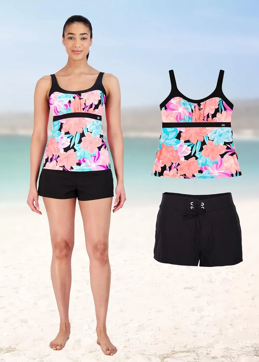 ZeroXposur Womens Swimsuits Tankini Top Set – Peasant Tankini Bathing Suit and Board Short Set for Women