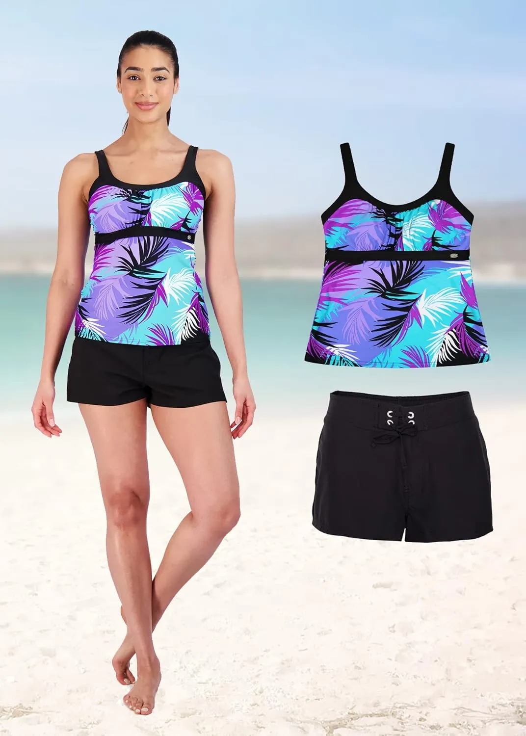 ZeroXposur Womens Swimsuits Tankini Top Set – Peasant Tankini Bathing Suit and Board Short Set for Women