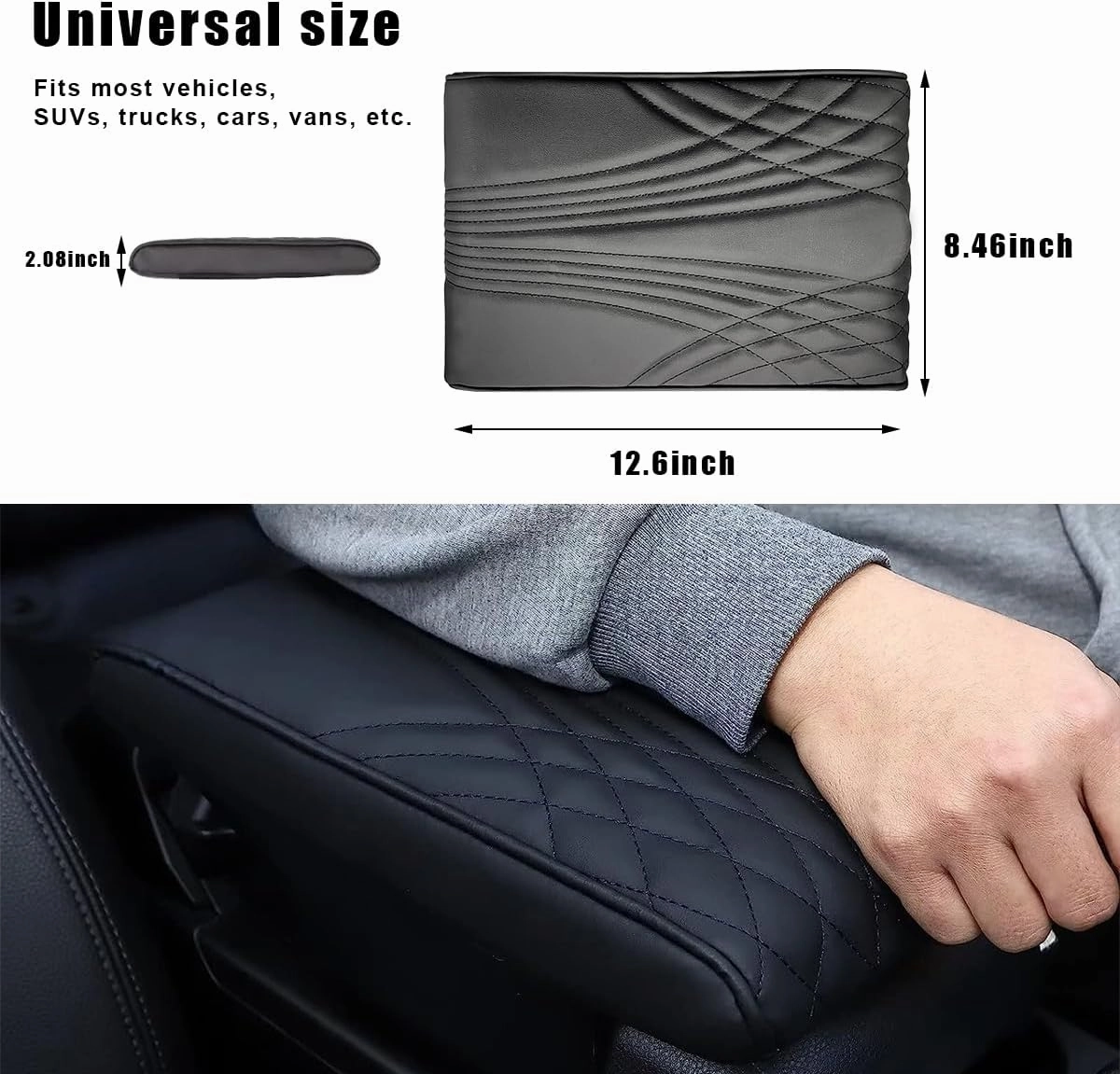 Ziciner Car Center Console Cover, Leather Memory Foam Armrest Cushion Protection Pad, Waterproof Hand Rest Pillow with Height Increase, Universal Accessory for Most Car (Black #Angel)