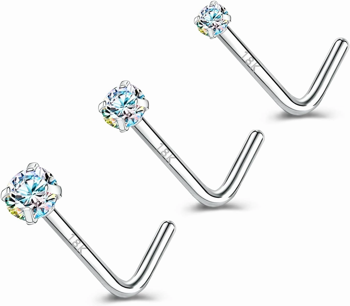 ZS 18K Real Gold 20G Nose Rings for Women Men, 1.5mm 2mm 3mm CZ Simulated Diamond, Solid 7mm Nose Stud Pin Piercing, Non-Irritating Skin Body Jewelry